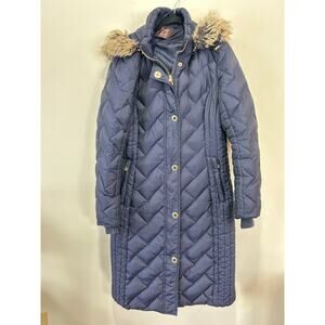 Anne Klein maxi puffer coat navy women M faux fur hood full zip one small flaw